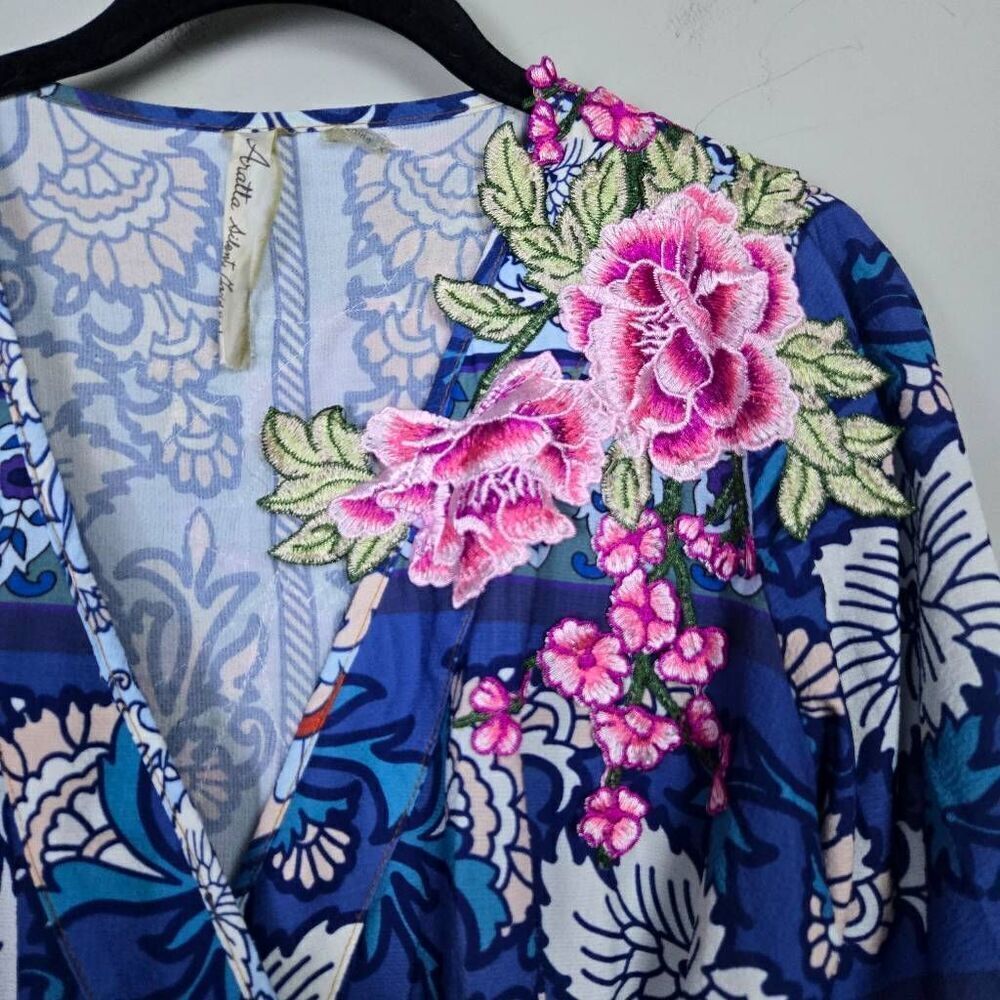Aratta Silent Journey Womens Embroidered Floral Wrap Maxi Dress Sz XS Blue Boho - Picture 3 of 10